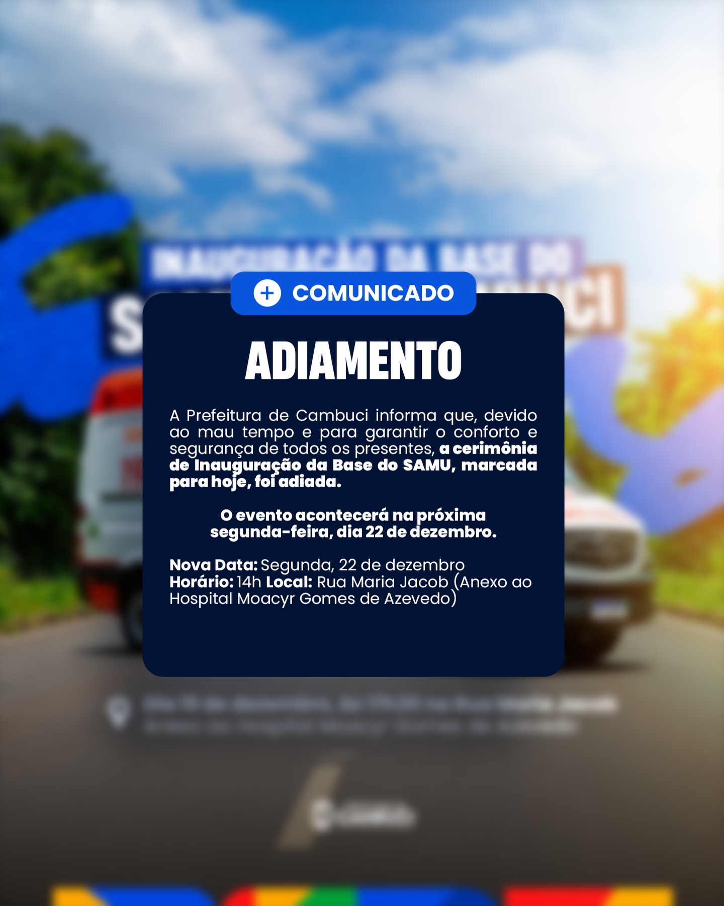 Adiamento da Inauguração da Base do SAMU